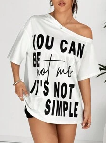 Muchica Letter Print Shoulder-Baring White T-Shirt, Minimalist & Fashionable For Casual Everyday Wear - White - View 5