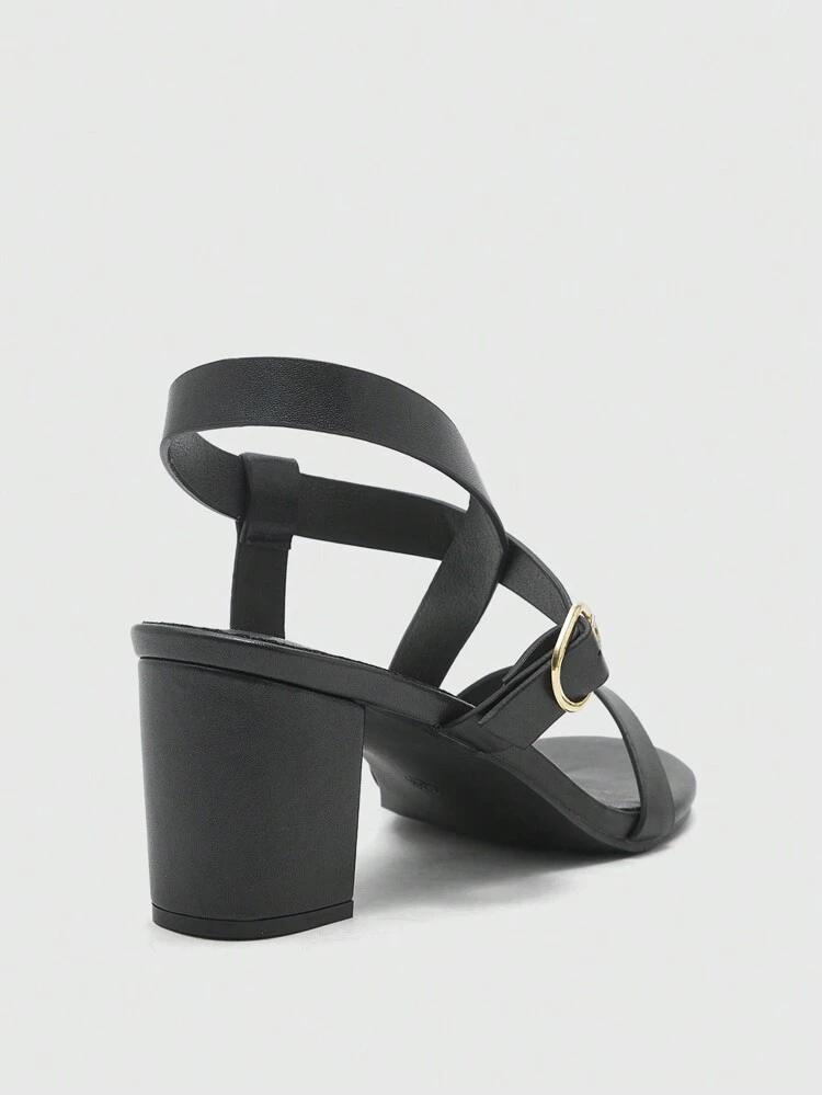 CUCCOO BIZCHIC Women's Simple Solid Color Strap Round Toe Chunky Heel Mid Heel Casual/Work Pumps, Black High Heel Sandals For Daily, Spring/Summer Spring Break Easter