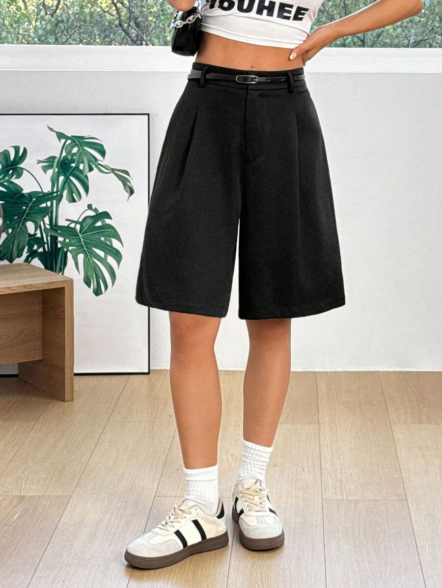 SHEIN EZwear Quần short Bermuda dệt rộng màu đen có thắt lưng - màu đen - Xem 1