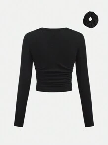 Girlism Teen Girls Bow Knit Ruched Waist T-Shirt Set With Included Hair Accessory - Black - View 2