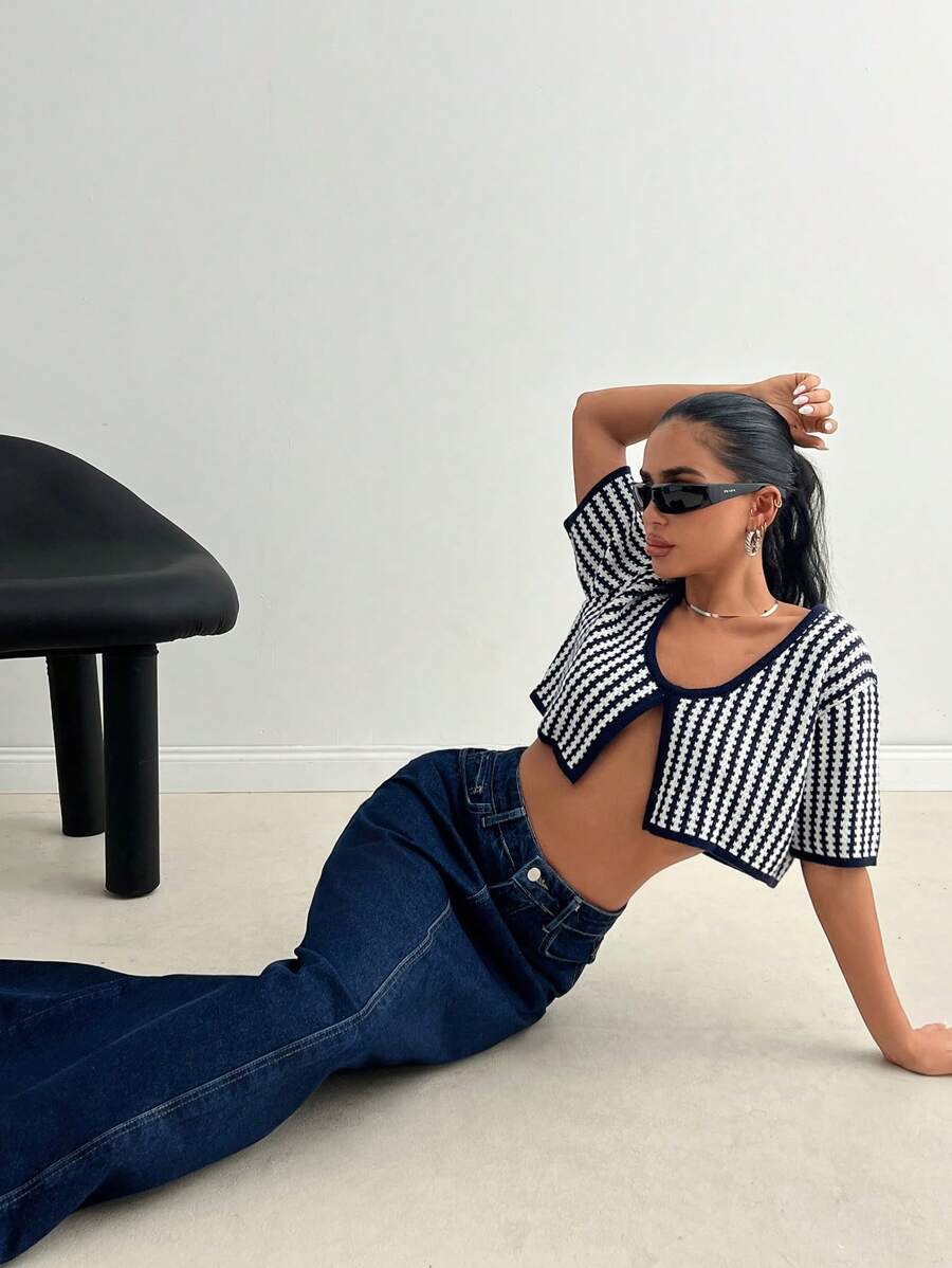 EURMUSE Women Contrast Trim Short Sleeve Open Front Lightweight Cardigan - Multicolor - View 1