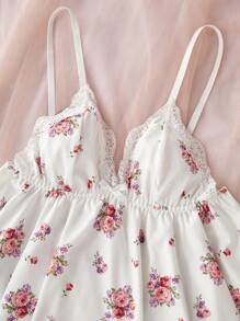 Lace Patchwork V-Neck Ditsy Floral Camisole & Pants Pajama Set - White - View 6