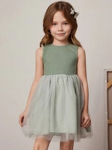 PrepCrw Vestido de punto verde con malla de contraste, estilo academia, para niñas, primavera/verano