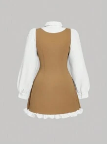 SHEIN MOD Plus Size Retro Square Collar Ruffle Hem Long Sleeve Dress - Khaki - View 2