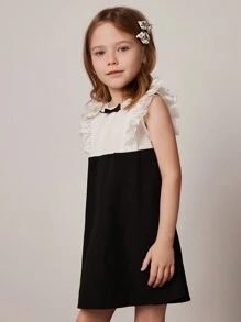 PrepCrw Young Girls' Collegiate Ruffle Trim Contrast Color Woven Dress, Spring/Summer - Black and White - View 4