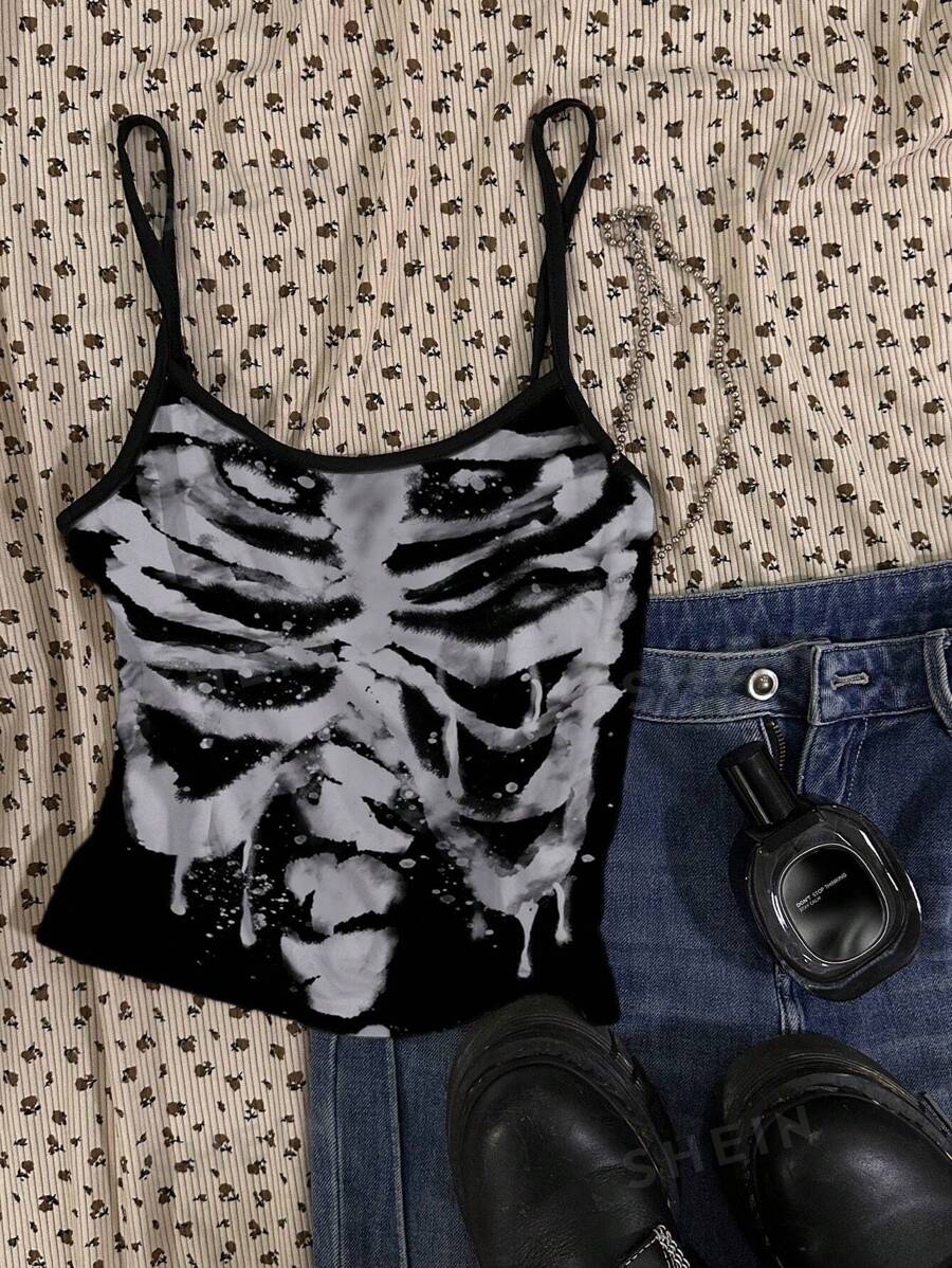 Attitoon Top de tirantes de ajuste ceñido con estampado gráfico de calavera de fusión callejera vintage para mujer, desgaste de verano de vuelta a la escuela
