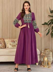 Al Najma Women's Elegant Arabic Style Mixed Geometric Print Lantern Sleeve Dress,Modest - Red Violet - View 6