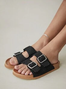 Solecia Sandalias planas negras casuales con hebilla cuadrada de metal, ideales para vacaciones - Negro - Ver 2