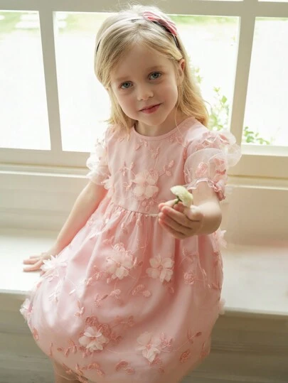 SHEIN Young Girl Solid Color Elegant Round Neck 3D Floral Mesh Bubble Short Sleeve A-Line Mini Dress, Spring/Autumn