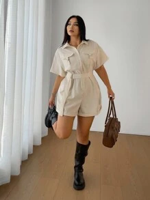 POPSWAY 大码春夏纯色休闲宽松衬衫领阔腿短裤，带大口袋，束腰修身连体衣