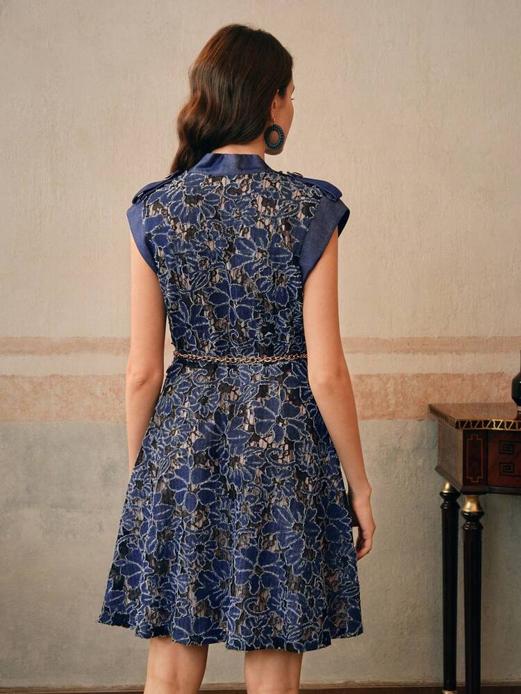 Women's Elegant Bowknot Collar Lace Embroidered Decorative Belt Dress, Spring/Summer Outfits