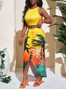 Slaydiva New Spring/Summer Butter Yellow Music Festival, Easter, Boho, Western, Nashville-Inspired, Birthday Party, Graduation, Student, Casual, All-Match, Comfortable, Vacation, Cruise Travel, Beach, Sun Bathing, Viral, Tropical Floral Print, Beach Resort, Slit, Asymmetric Hem, Palm Tree, Plus Size Women 2 Pieces Set - Yellow - View 7