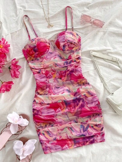 Soleia Women's Spring Summer Vacation Pink Romantic Mesh Wave Print Ruched Camisole Mini Dress, Can Be Worn Layered Or Alone, Suitable For Party, Valentine's Day, Birthday Outfit