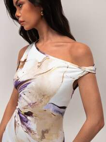 Forever 21 Spring Vacation Beach Big Floral Print Asymmetric Neck Elegant Dress For Women