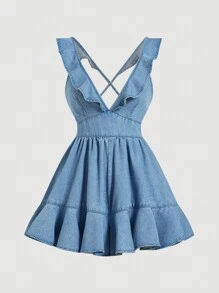 SHEIN MOD 女式荷叶边露背交叉牛仔连身裤，女士夏季服装，女士度假服装，狂欢节服装，春假服装，波西米亚风女装，狂欢服装，飘逸连身裤，春假连身裤，春假连衣裙 - 淺色水洗藍 - 查看 6