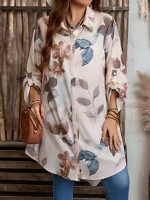 EMERY ROSE Plus Size Floral Print Roll Up Sleeve Casual Vacation Shirt Spring Outfits For Women West Country
