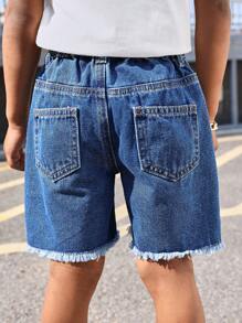 SHEIN Set de 2 pantalones cortos vaqueros de pierna recta con ajuste holgado, acabado lavado y deshilachado, con bolsillos, para niños pequeños en estilo casual de verano. Conjunto de ropa primavera/verano para la temporada de vacaciones de primavera.