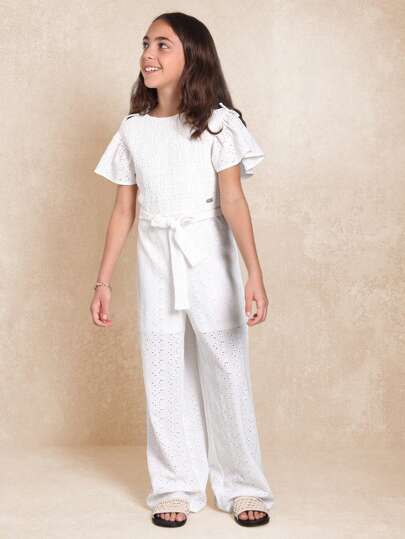 SUMWON Flutter Sleeve Eyelet Lace Summer Jumpsuit Wide Leg Palazzo Style Occasion Wear Party Special Event Resort Wear Vacation Essential Youth Fashion