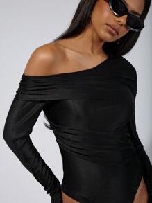 COSMINA 1 pièce Body moulant élégant pour femme avec volants et épaules obliques, manches longues, noir, printemps/été