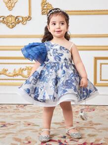 SHEIN Babygirl 花卉荷叶边下摆优雅连衣裙，夏季 - 藍色 - 查看 5