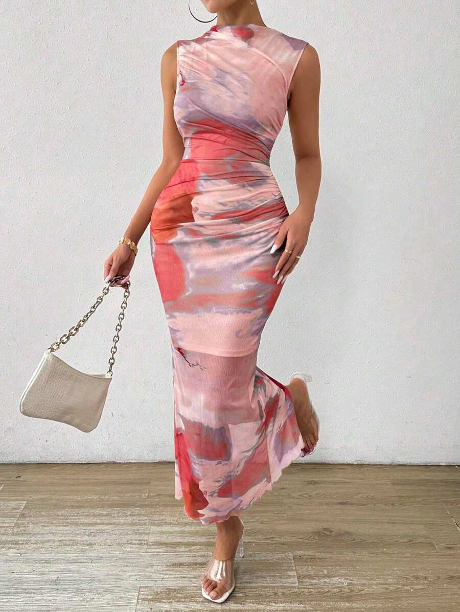 Chiquease Vestido largo elegante de mujer con estampado de teñido anudado, cuello de pie, plisado y silueta esbelta para el verano - Rosa - Ver 1