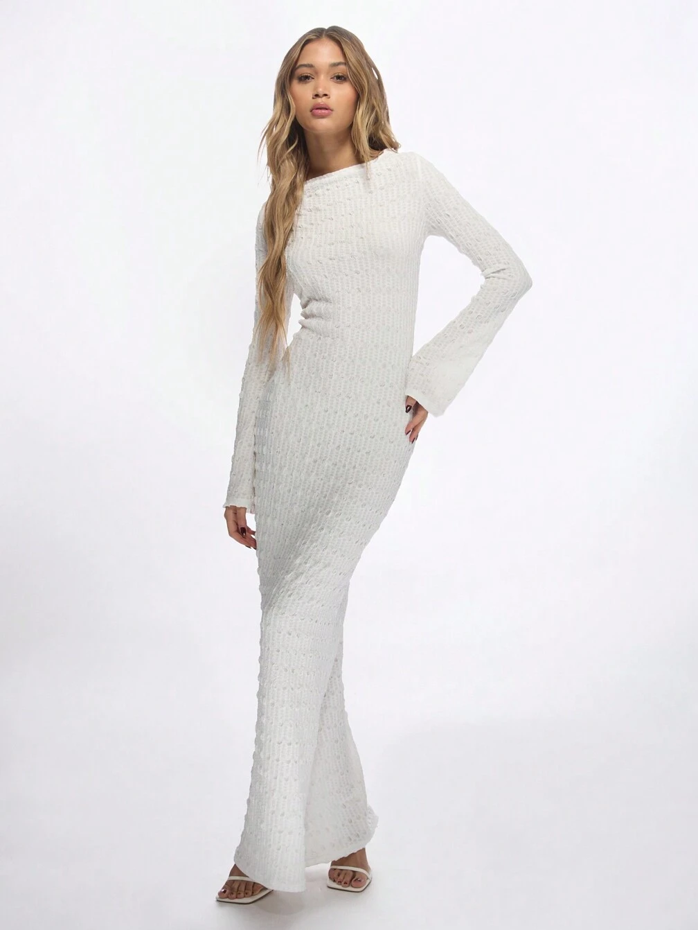 missguided long sleeve white dress MISSGUIDED White Sequin Long Sleeve Empire Waist Maxi Dress｜MISSGUIDED