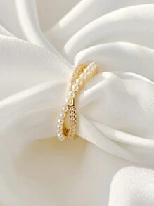 1 Pieza Anillo De Personalidad Cruzado De Circonita Cúbica Y Perlas Falsas Adecuado Para Uso Diario Para Mujeres