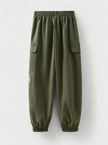 Back-To-School Tween Boy Olive Green Baggy Cargo Pants,Summer School Casual Elastic Waist 3M Reflective Letter Print Loose Wide Leg Jogger Pants - Army Green - View 7