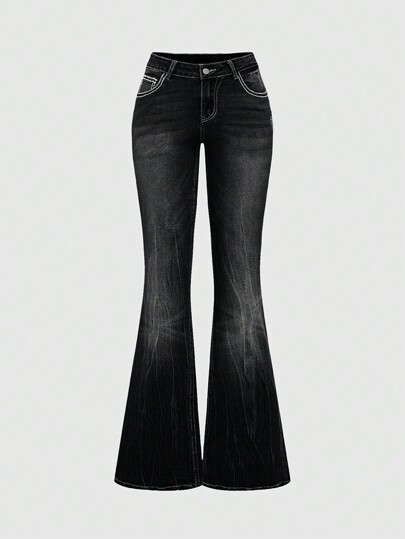 Grunge Punk Jeans de pierna acampanada y ajustado con bordado de alas cruzadas en el bolsillo, estilo retro Y2K para mujeres