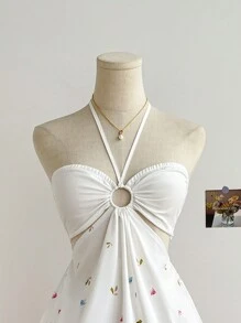 SHEIN WYWH 浪漫花蝴蝶印花抽绳领镂空腰休闲太阳裙，适合节日、约会、情人节、下午茶 - 彩色 - 查看 5