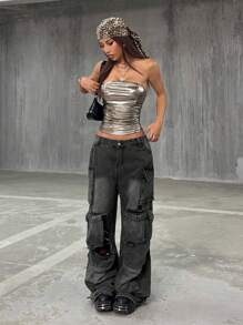 StreetHx 女式秋季春季紧身褶饰金属涂层上衣 - 金色 - 查看 3