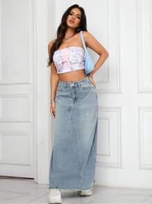 Jeanoix 女式长款休闲牛仔半身裙（带口袋） - 中等水洗藍 - 查看 6