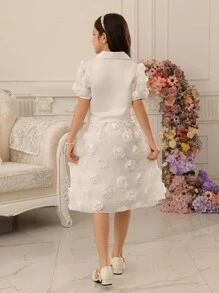 青少年女孩仿珍珠纽扣领泡泡袖衬衫和刺绣裙子 2 件套 - 白色 - 查看 2