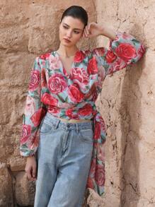 Aveloria Rosie Französischer schicker Resort-Stil Tropischer Blumenprint Chiffon-Wickelbluse mit V-Ausschnitt, Bindetalje und schmaler Passform, Crop-Langarmbluse für Damen - Verschiedenfarbig - Übersicht 5