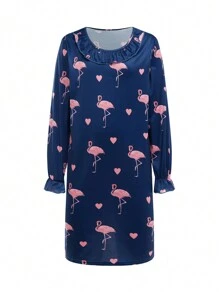 Flamingo Soft Pullover Dress With Frill Trim For Tween Girls Pajamas & Loungewear - Multicolor - View 1