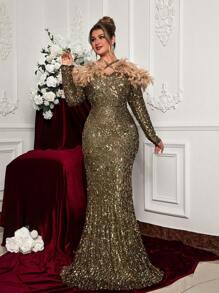 Glamrae Plus Size Glamorous Sheer Sequin & Natural Feather Long Sleeve Formal Gown, Wedding Guest Dress, Party Dress, Evening Dress - Gold - View 7
