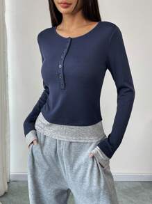 Women's Colorblock Button Half Placket Long Sleeve Casual T-Shirt Fall Cloth For Women - Navy Blue - View 4