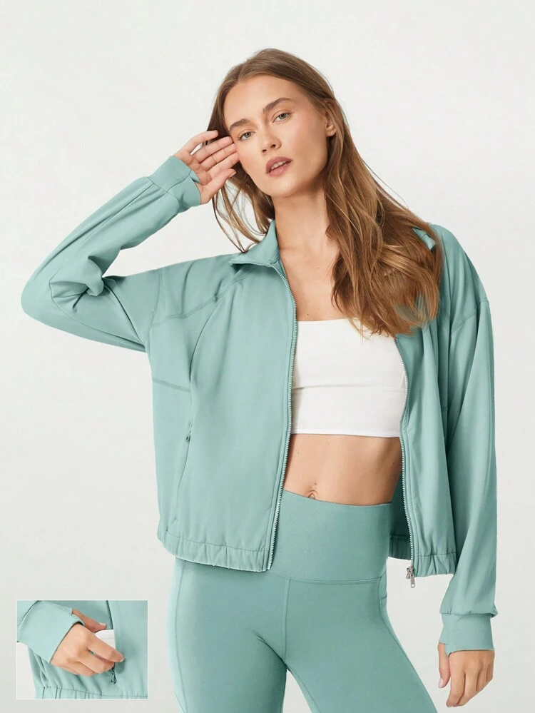 Chaqueta deportiva de manga larga con cuello alto, transpirable y de secado rápido, con bolsillos ocultos y ojales para el pulgar, para uso diario casual