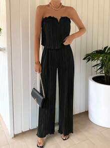 Firerie 女士优雅简约深绿色 V 领短款上衣和阔腿裤套装 - 黑色 - 查看 4