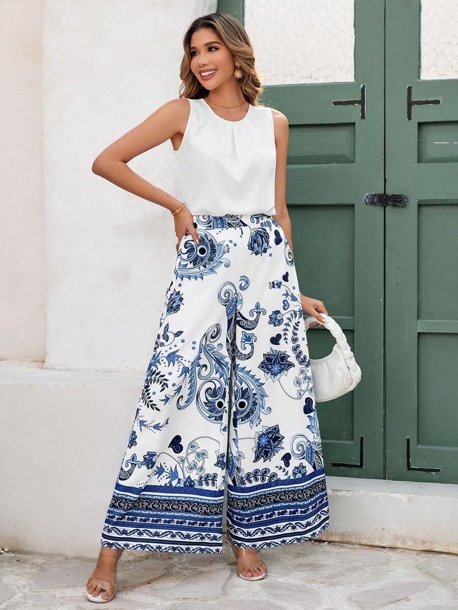 SHEIN Clasi Women Print Sleeveless Pleated Loose White & Blue Placement Print Wide Leg Pants 2 Pieces Set - Multicolor - View 1