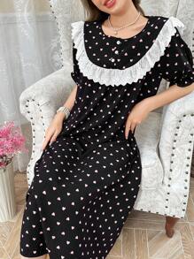 CottageSlumber Contrast Color Ruffle Patchwork Heart Print Half-Button Puff Sleeve Loose Long Nightgown - Black - View 3