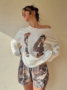 Aloruh 2pcs/Set Women Open Shoulder Long Sleeve Top And Shorts - Multicolor - View 7