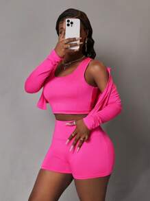 Slaydiva 3pcs Summer Women Sports Set: Zipper Half Stand Collar Tight Long Sleeve T-Shirt Jacket, Sleeveless Cropped Tank Top, Sports Shorts - Style B