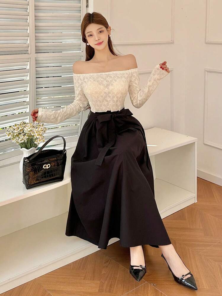 Women's Lace Splice Bodycon Midi Dress,Fall Dress Long Sleeve Dress Off Shoulder Top