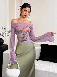 EastFlair 女士露肩长袖休闲上衣，简约时尚，适合日常穿着 - 紫色 - 查看 4