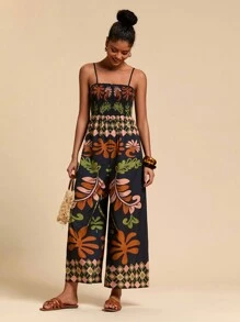 Travachic Vacation Casual Printed Spaghetti Strap Jumpsuit - Black - View 1