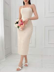 Modelyn 女士优雅水晶装饰披肩搭配吊带背心连衣裙 2 件套 - 杏色 - 查看 4