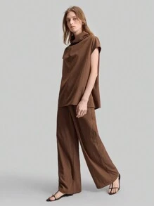 Ontre 2 件套女式立领蝙蝠袖上衣和裤子套装，休闲都市简约日常装，短袖清爽装 - 駝色 - 查看 6