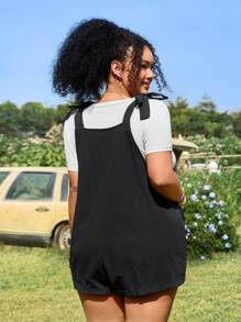 SHEIN EZwear Women Plus Size Black Solid Color Pocket Romper