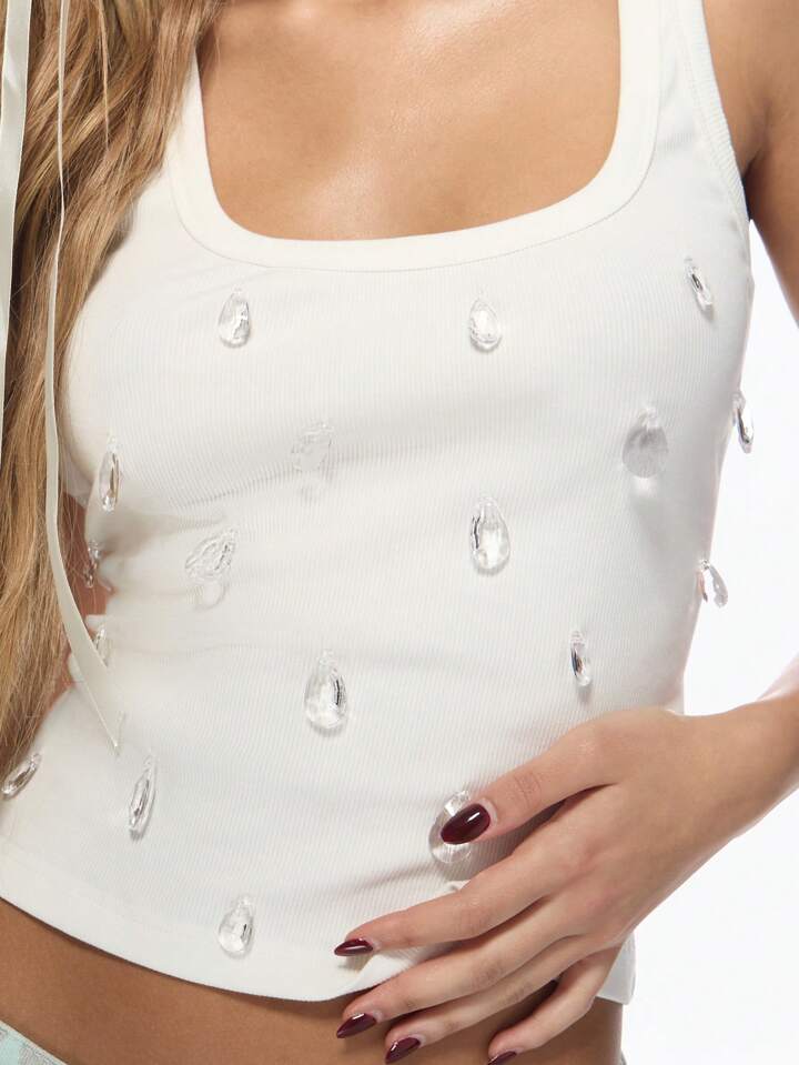 MISSGUIDED Boho Crystal Detail Scoop Neck Rib Tank Top